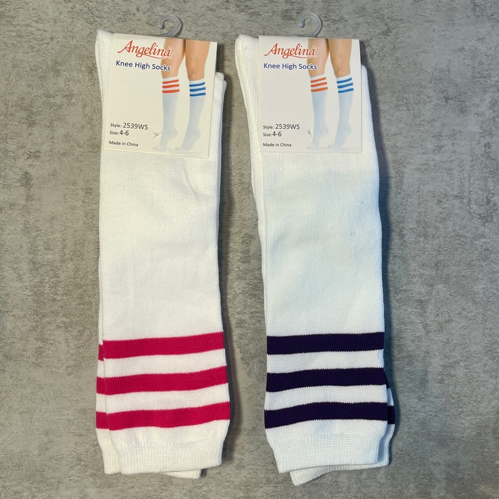2 Pairs Knee High Socks White w/ Pink Stripes and White w/ Purple Stripes SZ 4-6